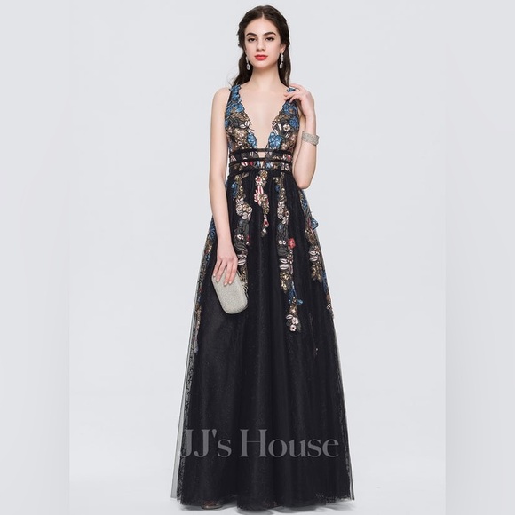 Jj’s House a-line V-neck floor length tulle prom dress with lace beading sequins - Picture 16 of 16